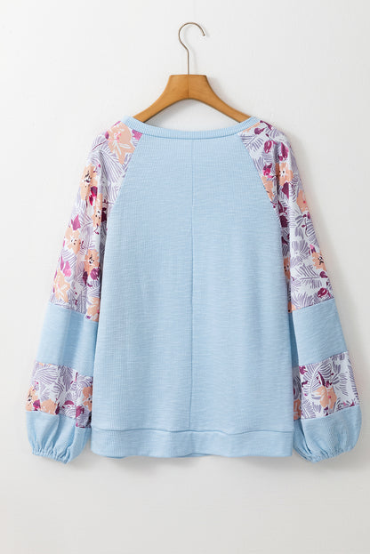 Crinkle Rib Floral Patchwork Balloon Sleeve Top