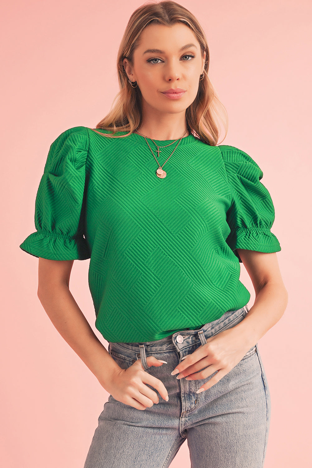 Dark Green Ruffle Puff Sleeve Textured Plain Top