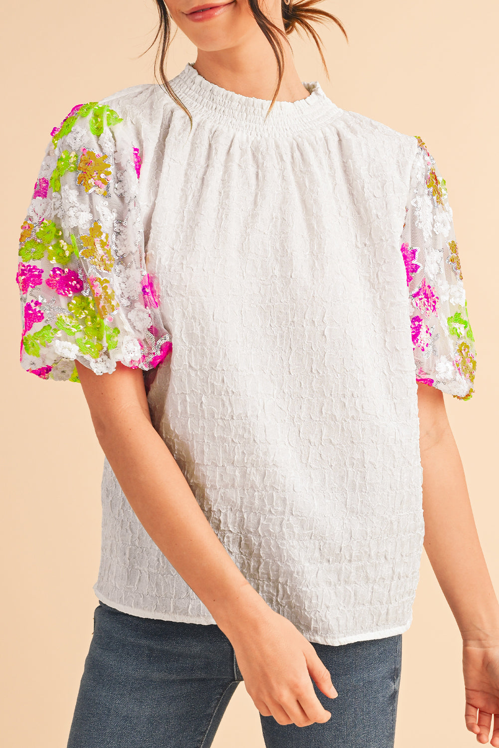 White Smocked Neck Sequin Flower Puff Sleeve Textured Top