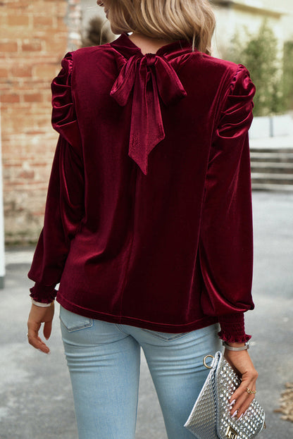 Keyhole Neck Puff Sleeve Velvet Blouse