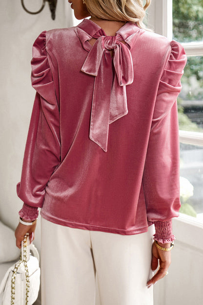 Keyhole Neck Puff Sleeve Velvet Blouse