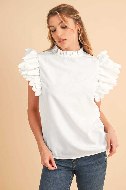 White Solid Color Scalloped Ruffle Sleeve Blouse.