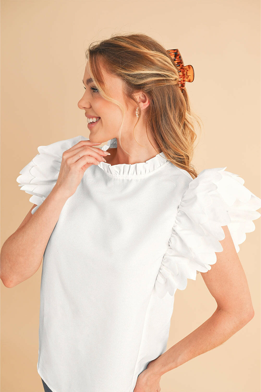 White Solid Color Scalloped Ruffle Sleeve Blouse.