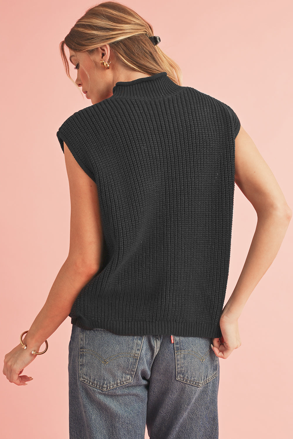 Black Solid Color Dolman Sleeve Twist Cable Knit Top