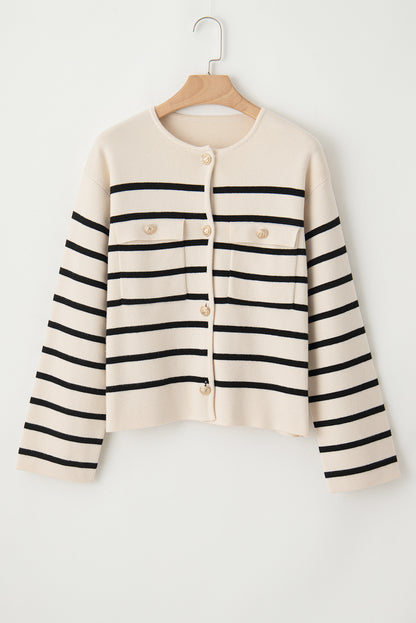 Black Stripe Flap Pocket Button Up Cardigan