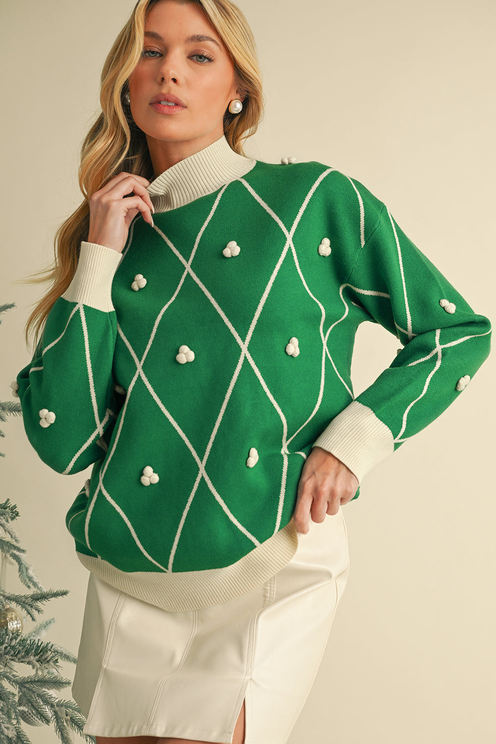 Diamond Pom Pattern Contrast Trim High Neck Sweater