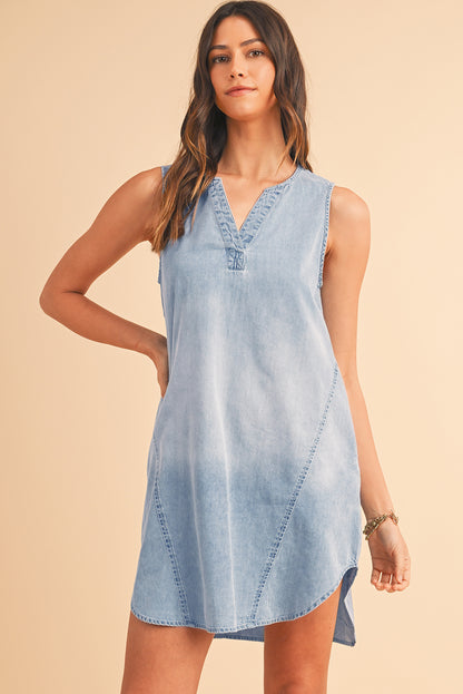 Beau Blue Light Wash Split Neck Sleeveless Chambray Dress