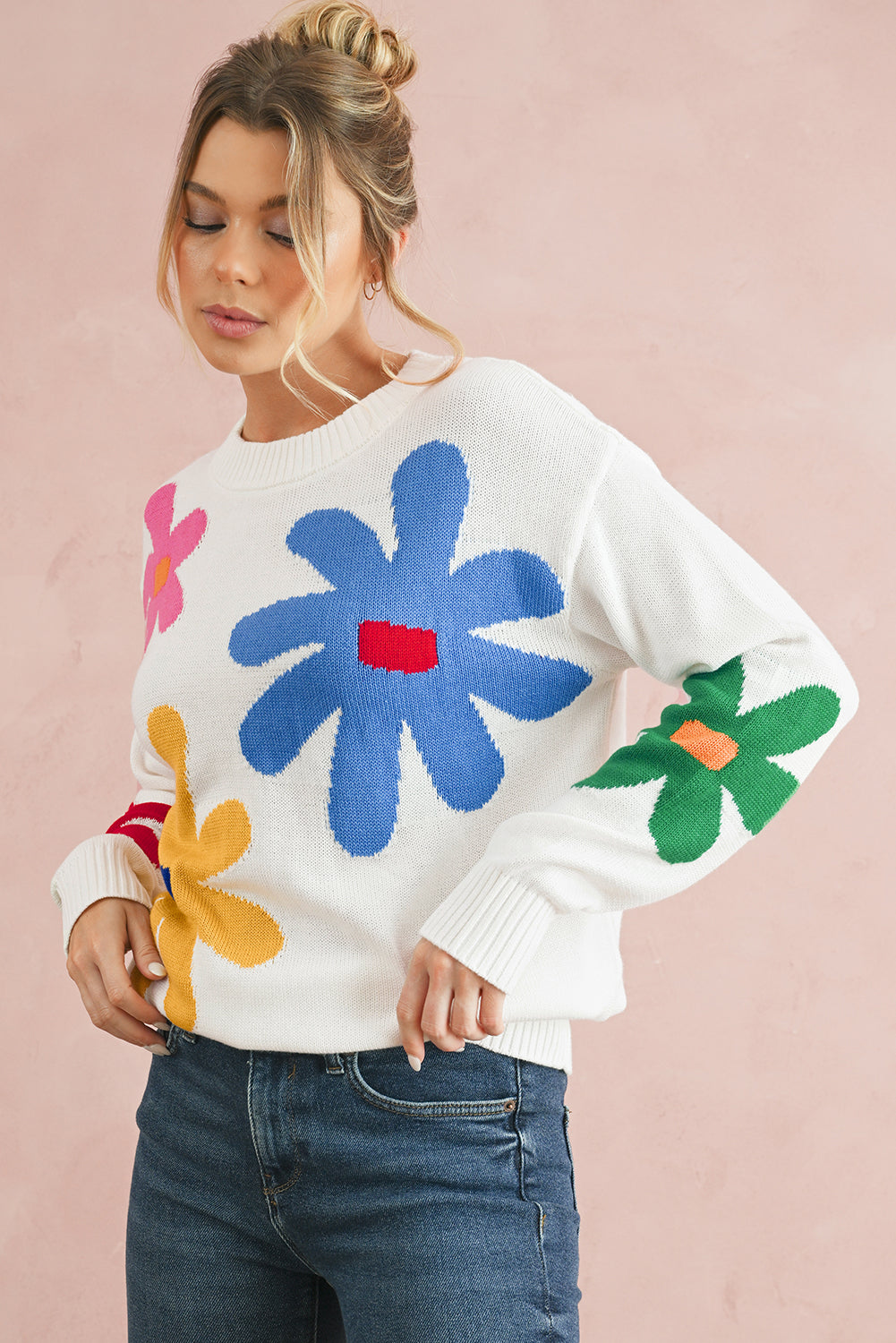 Colorful Flower Pattern Crewneck Knitted Sweater