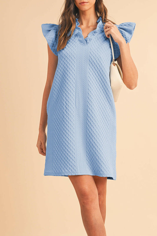 Light Blue Textured Puff Sleeve Ruffled V Neck Mini Dress.