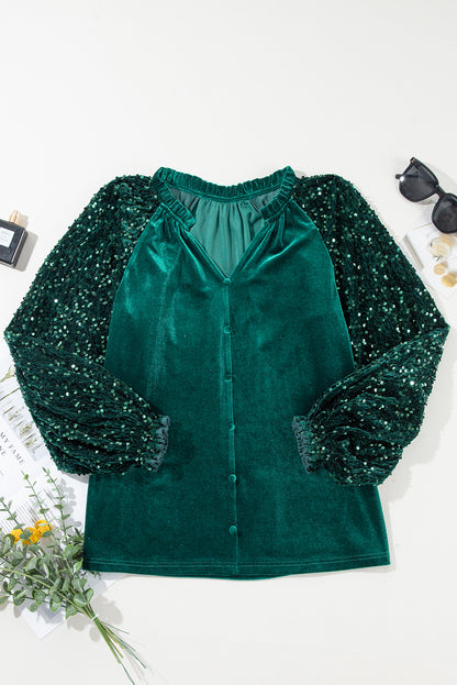 Velvet Sequin Patchwork Sleeve Button Up Blouse