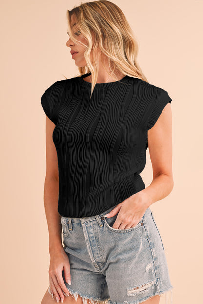 Apricot Wavy Textured Cap Sleeve Round Neck Blouse