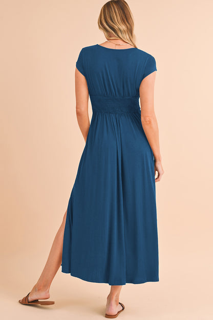 Deep V Neck Ruched High Waist Midi Dress