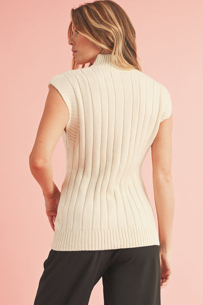 Oatmeal Ribbed Trim High Neck Cable Knit Sweater Vest