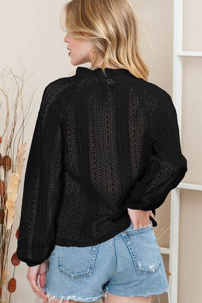 Notch Neck Button Down Raglan Sleeve Lace Top