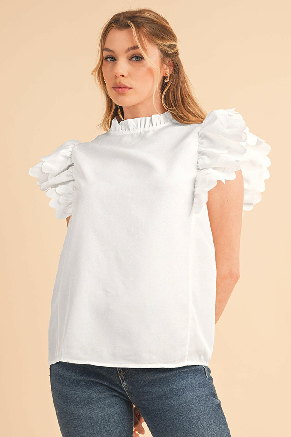 White Solid Color Scalloped Ruffle Sleeve Blouse.