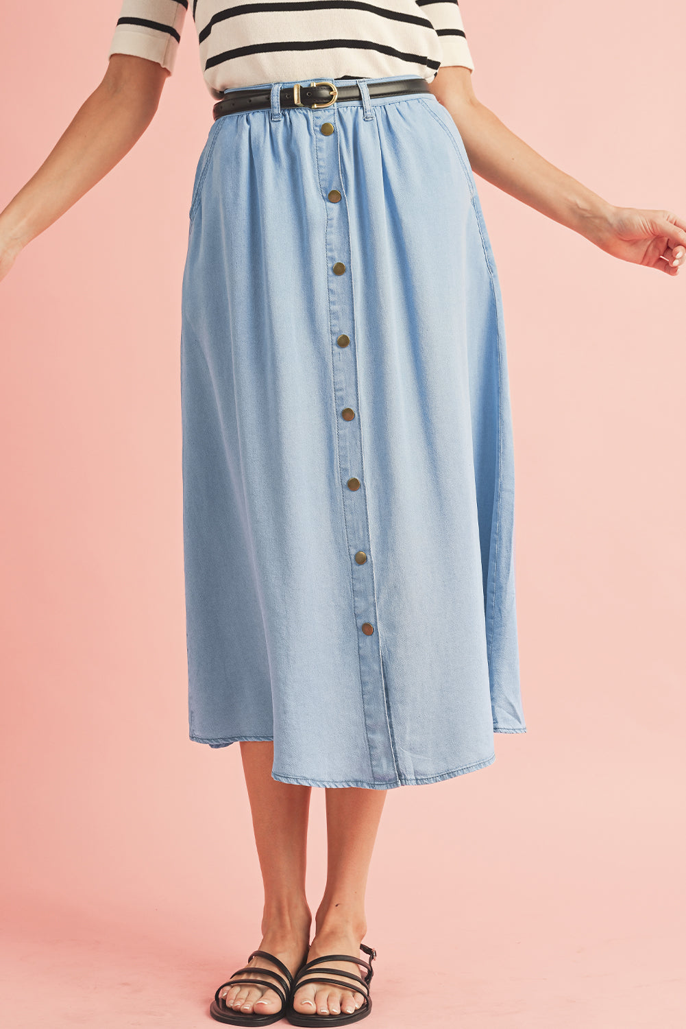 Mist Blue Fully Buttoned Long Denim Skirt