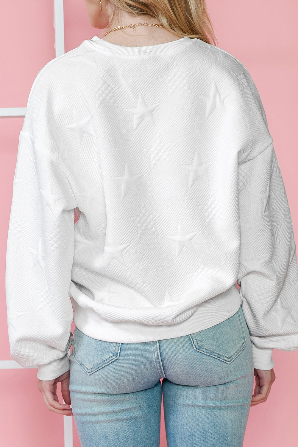 White Star Embossed Textured Drop Shoulder Sweatshirt