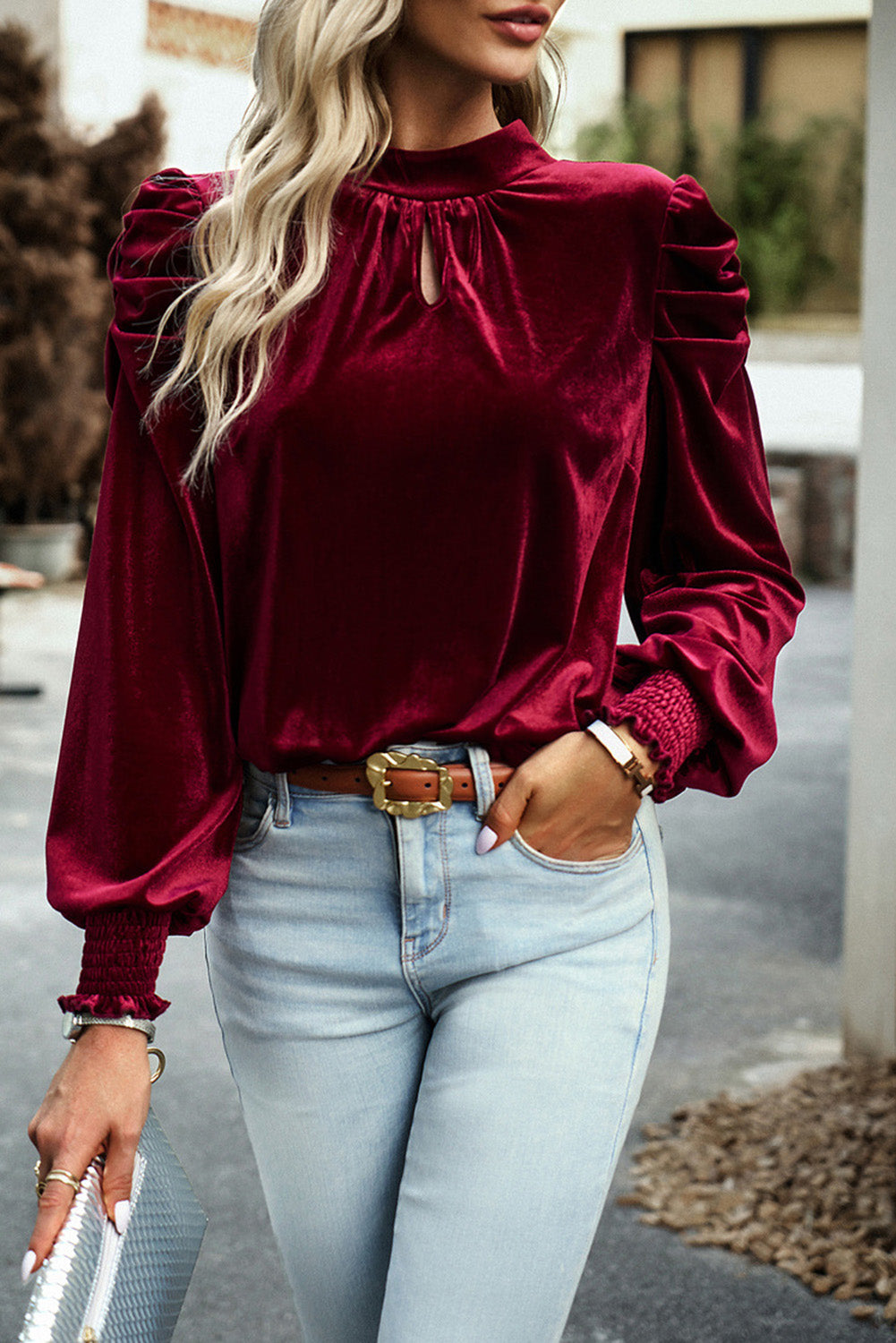 Keyhole Neck Puff Sleeve Velvet Blouse