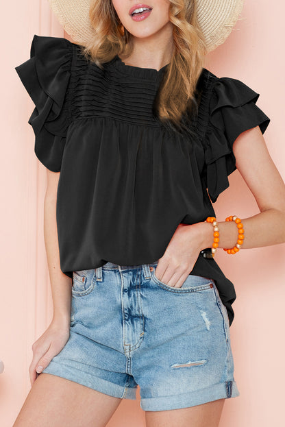 Ruched Frilled Neck Ruffle Sleeve Blouse