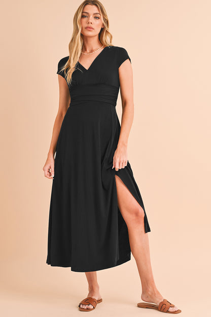 Deep V Neck Ruched High Waist Midi Dress