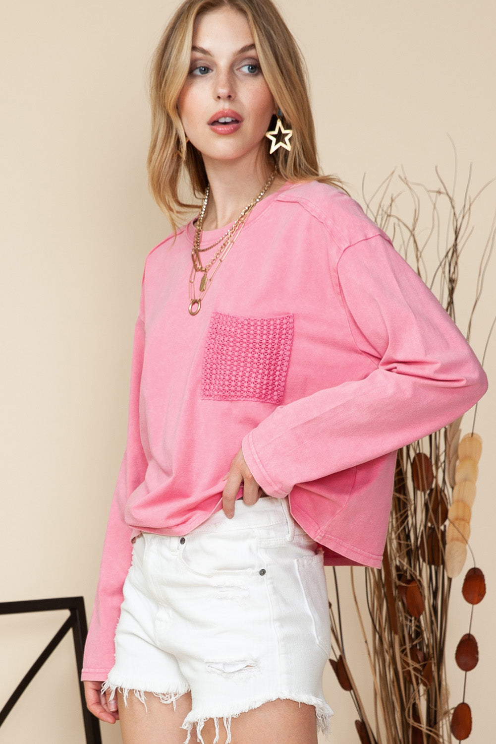 Pink Lace Patch Pocket Long Sleeve Shirt