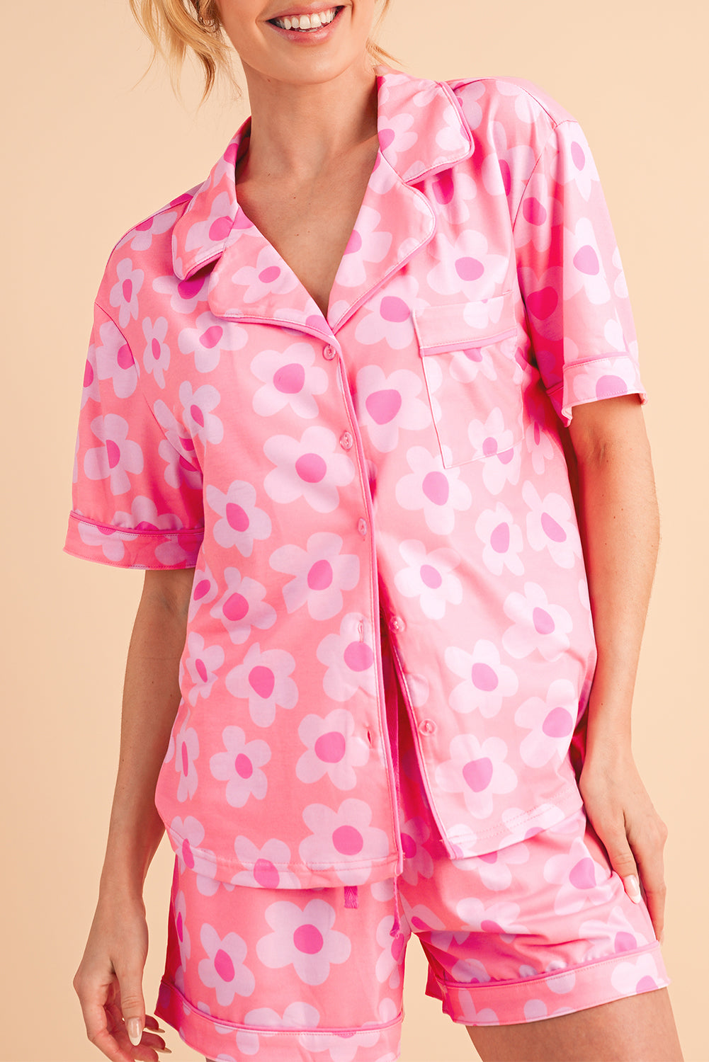 Flower Print Buttoned Shirt and Drawstring Waist Pajama Set