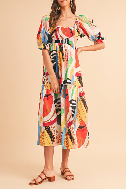 Square Neck Smocked Abstract Print Boho Maxi Dress