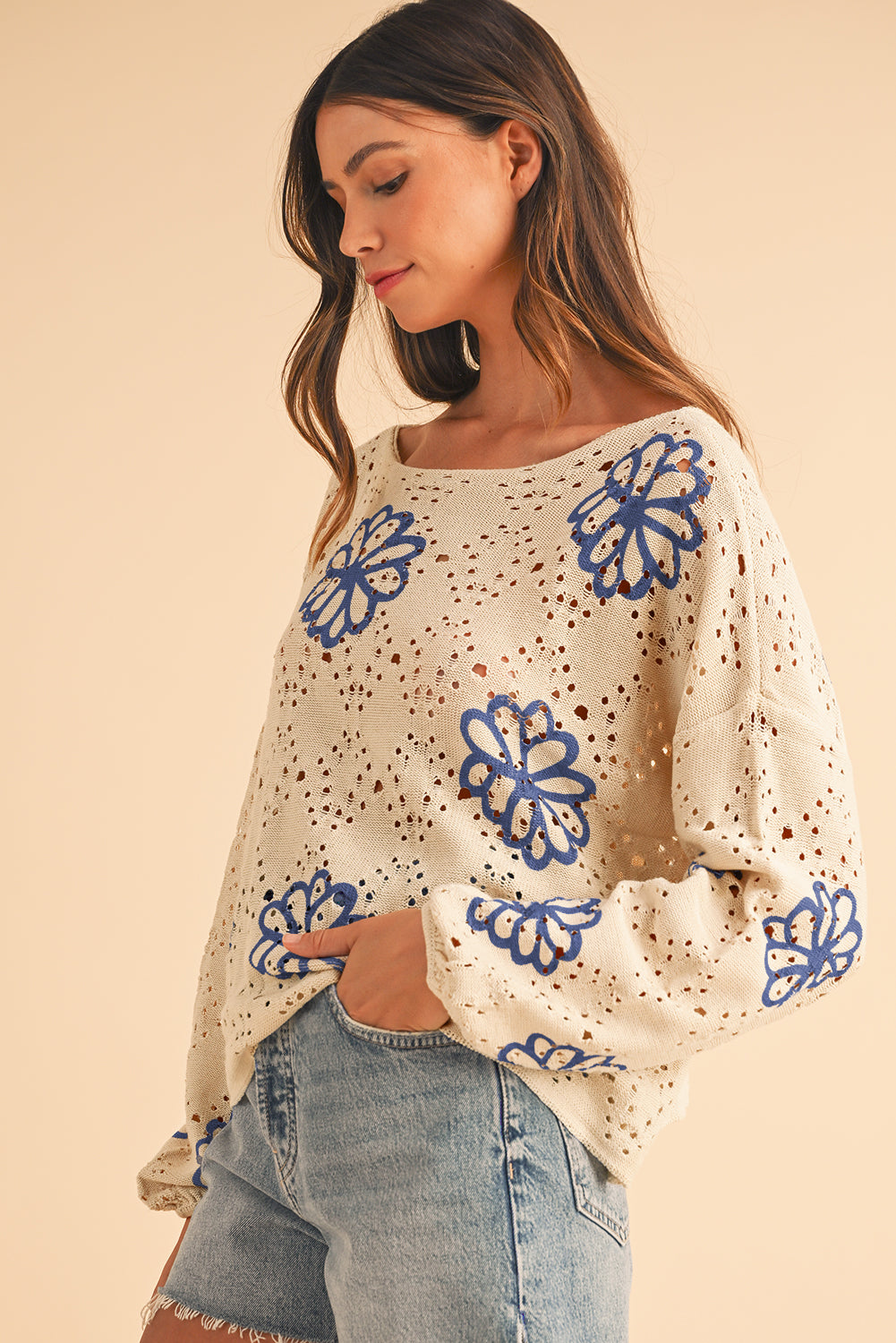 Beige Flower Print Drop Shoulder Hollow Knit Sweater