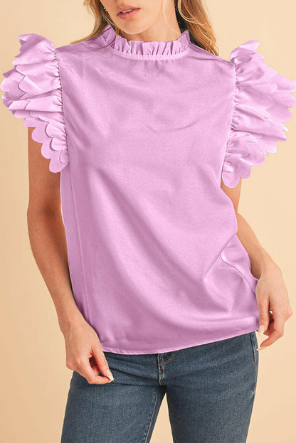 White Solid Color Scalloped Ruffle Sleeve Blouse.