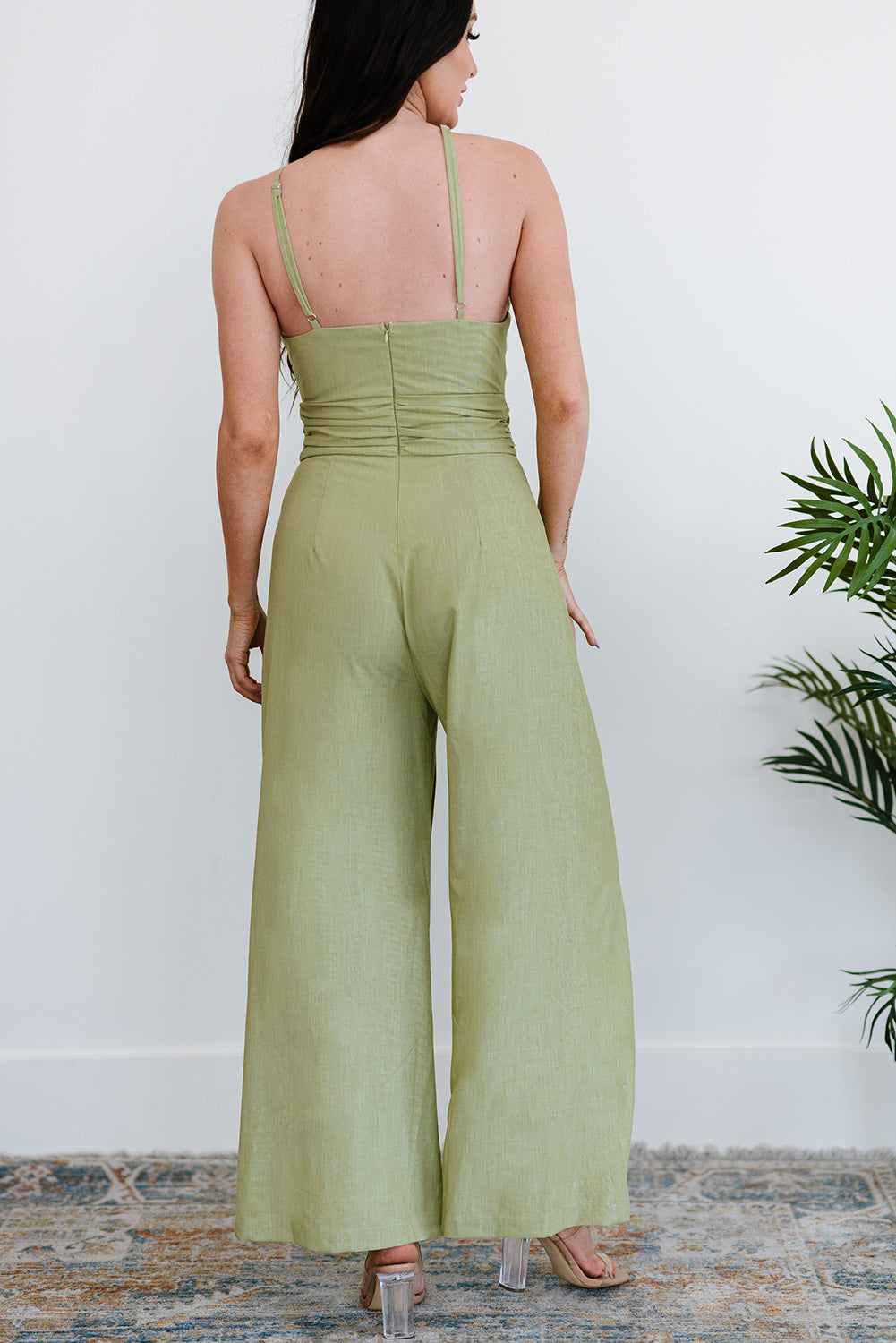 Green Casual Asymmetric Thin Straps Wide Leg Jumpsuit