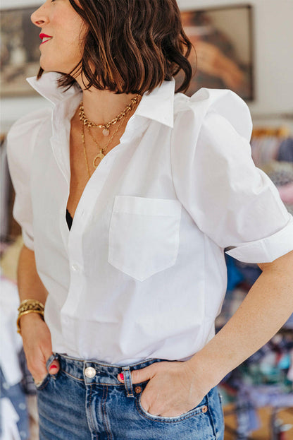 White Solid Color Button Up Puff Sleeve Shirt.