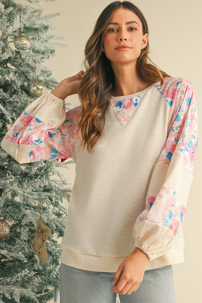 Crinkle Rib Floral Patchwork Balloon Sleeve Top