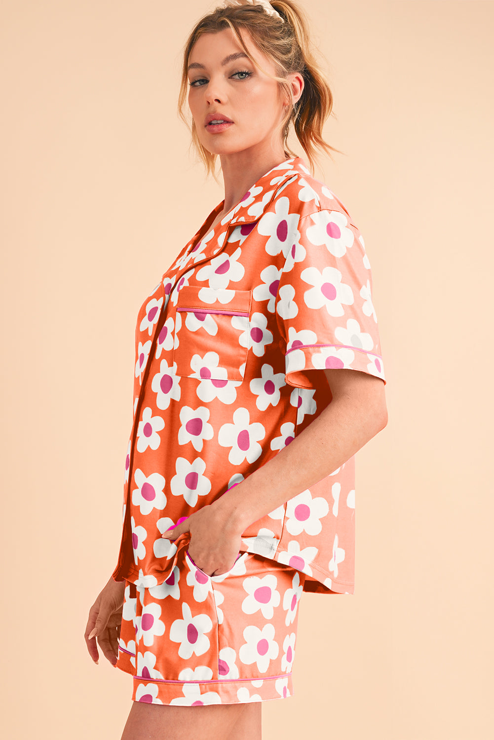 Flower Print Buttoned Shirt and Drawstring Waist Pajama Set