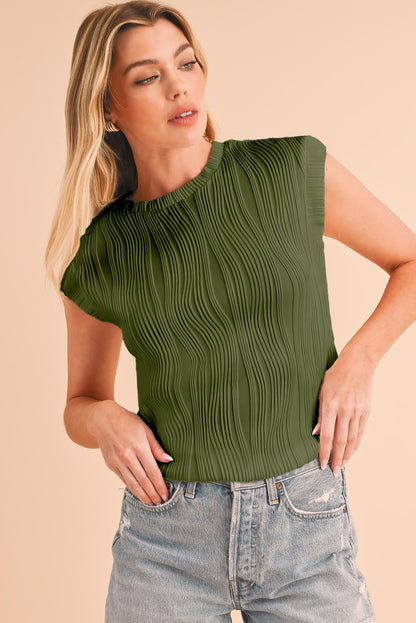 Apricot Wavy Textured Cap Sleeve Round Neck Blouse