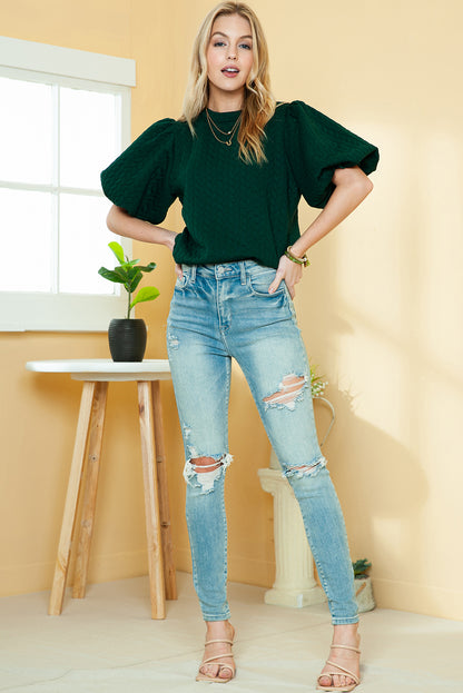 Green Solid Color Textured Puff Sleeve Top