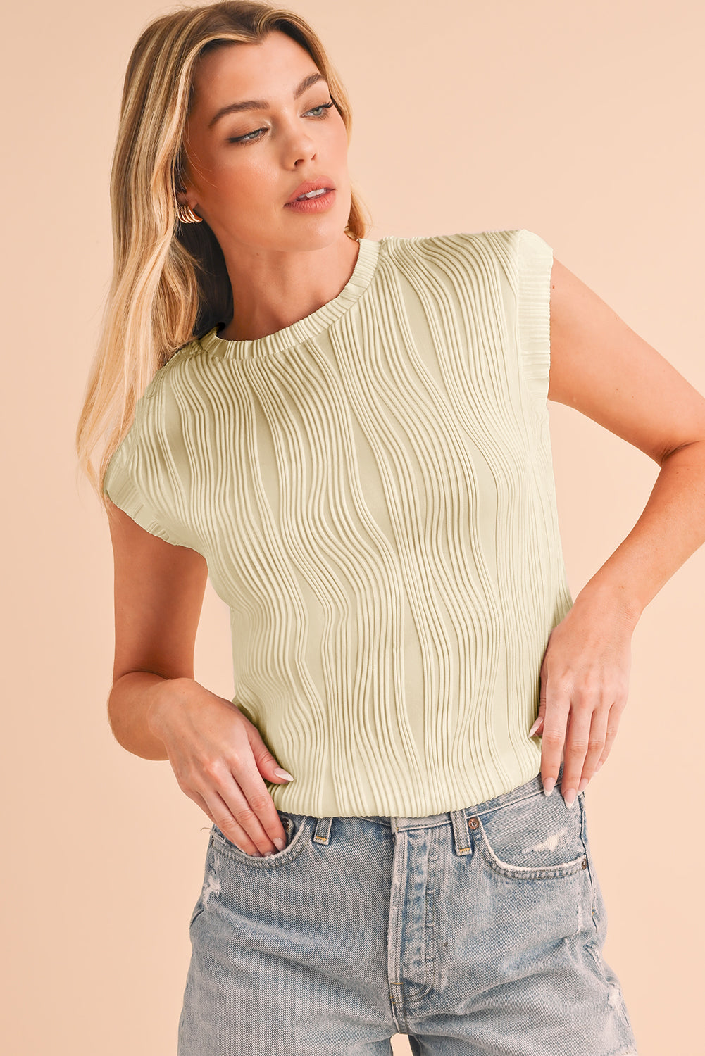 Apricot Wavy Textured Cap Sleeve Round Neck Blouse