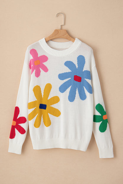 Colorful Flower Pattern Crewneck Knitted Sweater