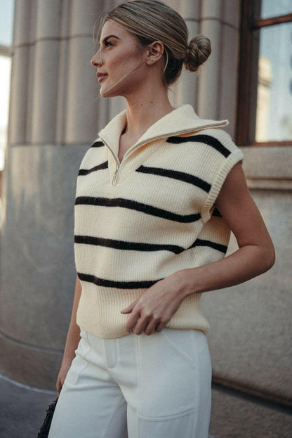 White Stripe Zipped Collar Cap Sleeve Knit Top.