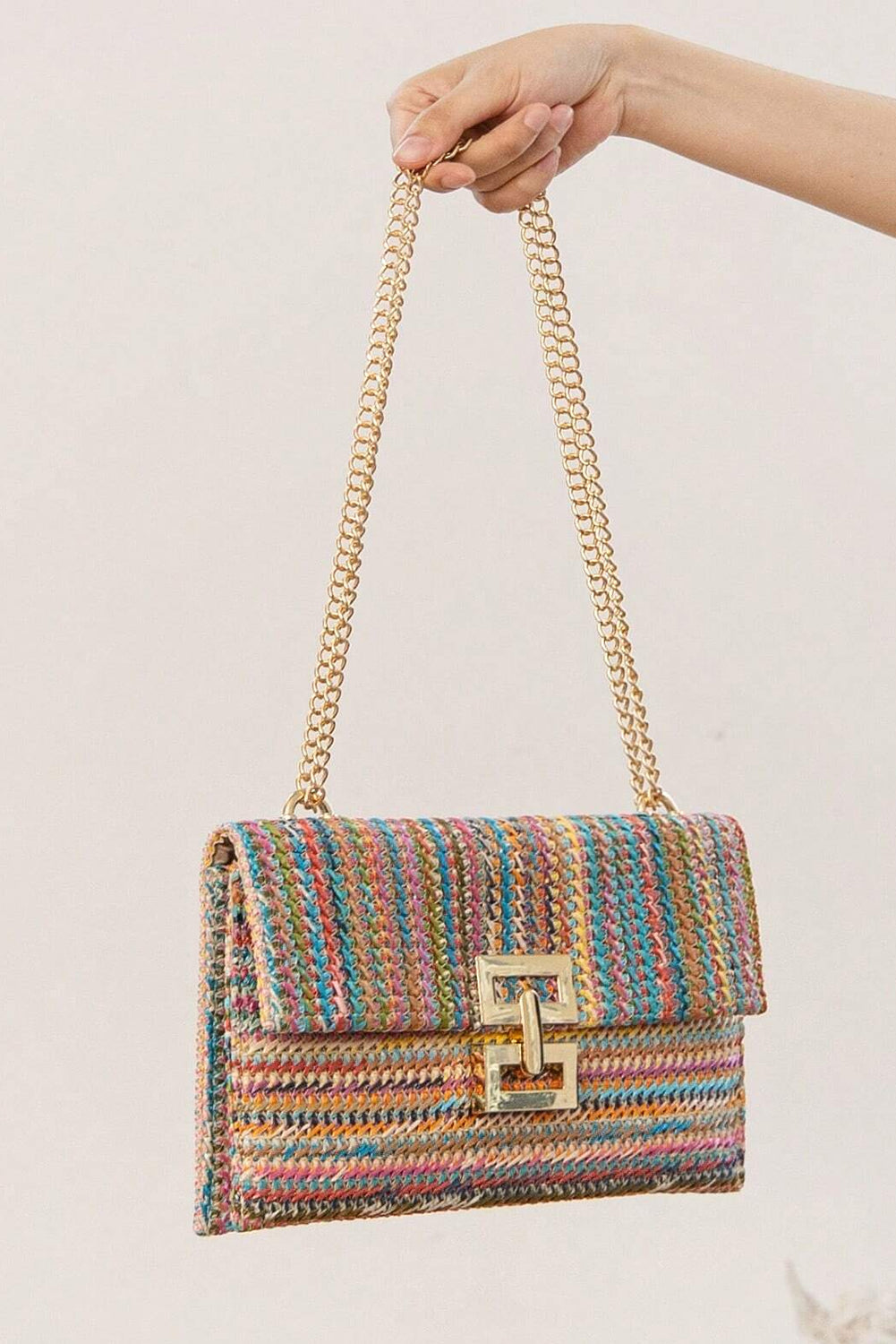 Beige Minimalist Braided Flap Chain Strap Shoulder Bag