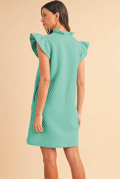 Light Blue Textured Puff Sleeve Ruffled V Neck Mini Dress.