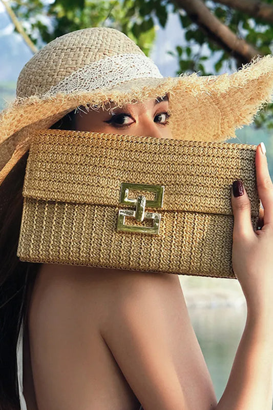 Beige Woven Metal Clasp Flap Clutch