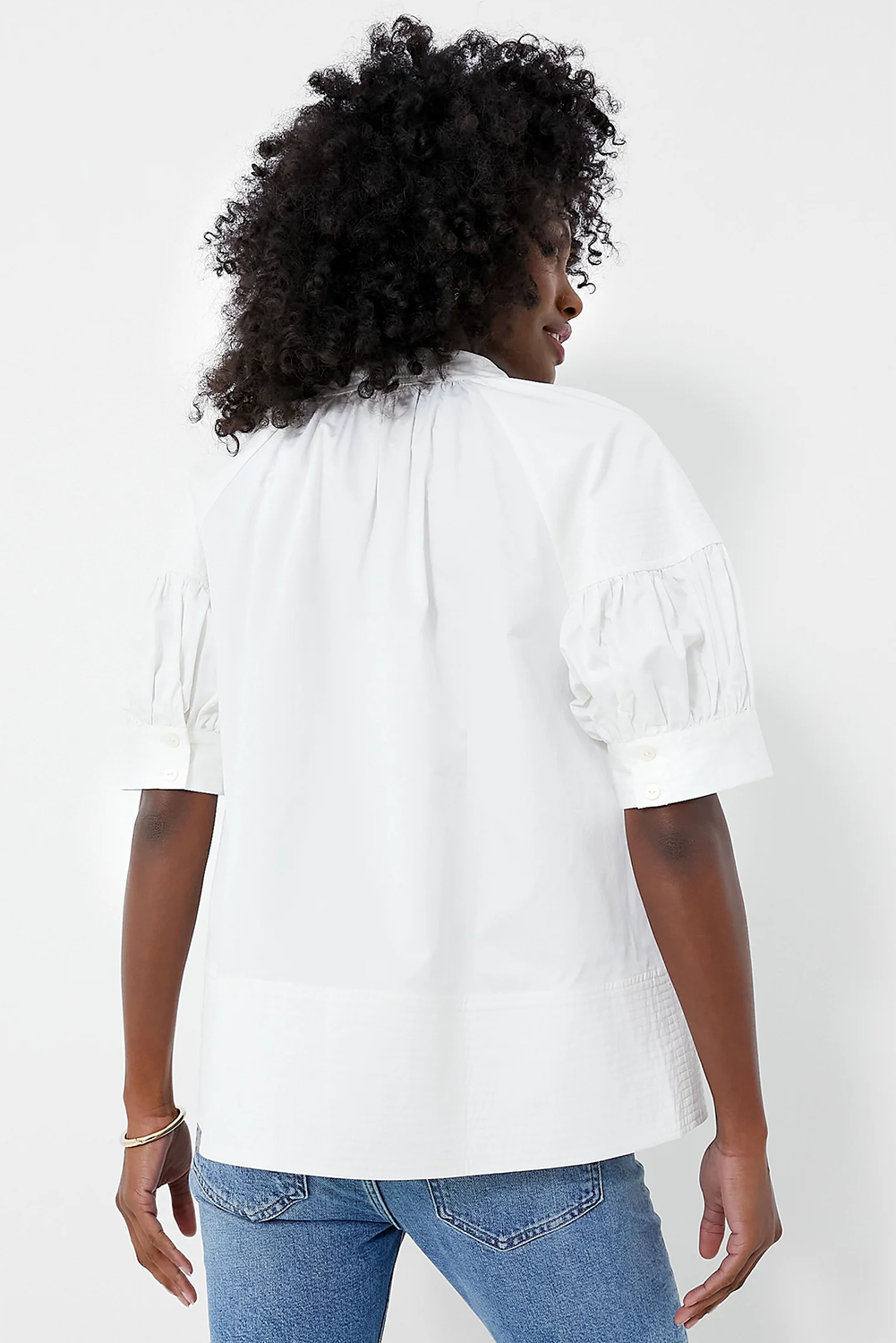 White Solid Color Ruched Bubble Sleeve V Neck Shirt.