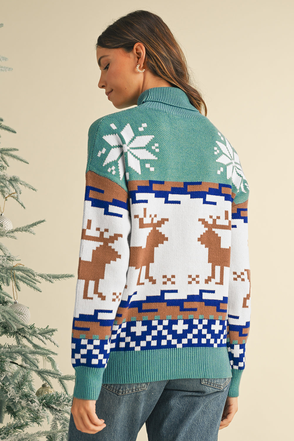 Canton Christmas Reindeer Snowflake Colorblock Turtleneck Sweater