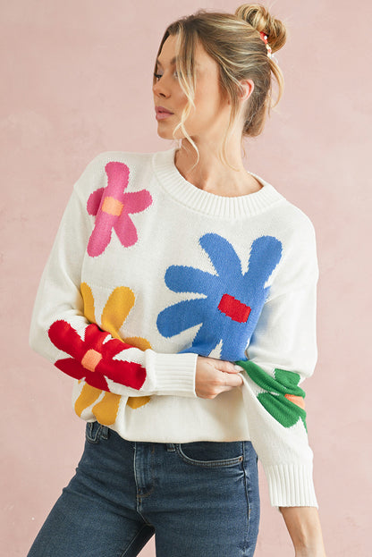 Colorful Flower Pattern Crewneck Knitted Sweater