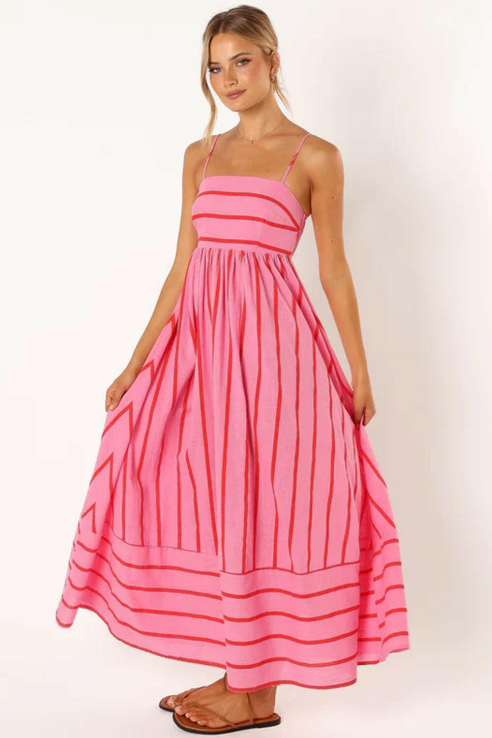 Pink Striped Spaghetti Strap Halter Backless Hem Maxi Dress.