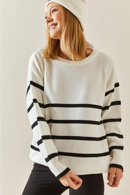 Beige Stripe Crew Neck Drop Sleeve Sweater