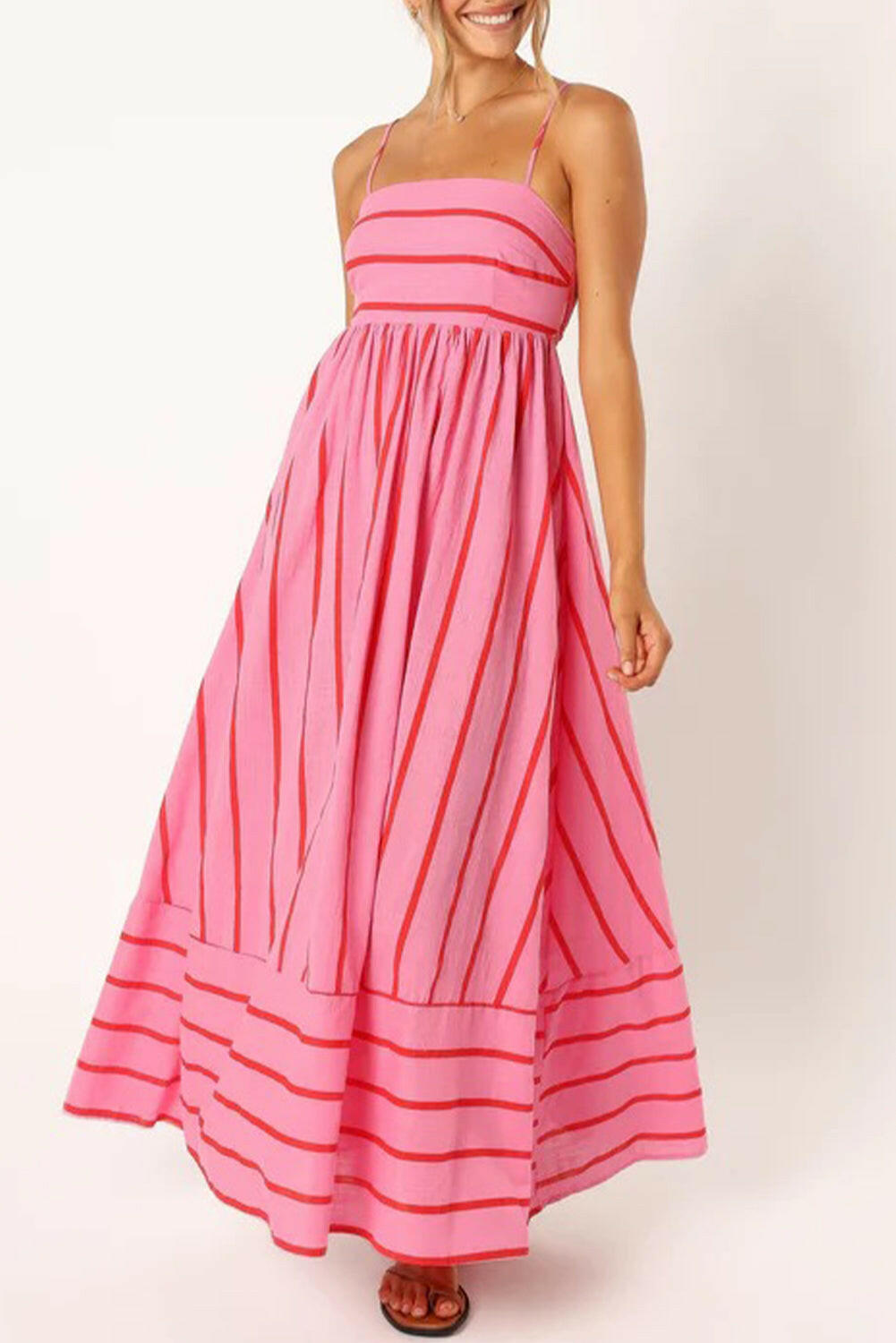 Pink Striped Spaghetti Strap Halter Backless Hem Maxi Dress.