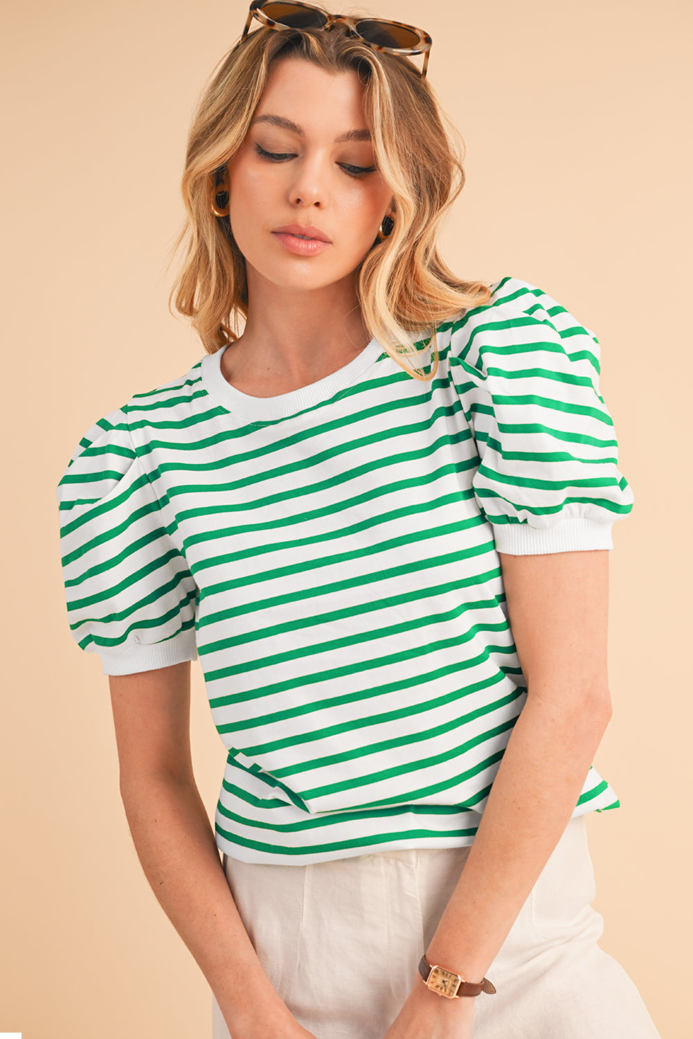 Green Stripe Puff Short Sleeve Contrast Trim T Shirt