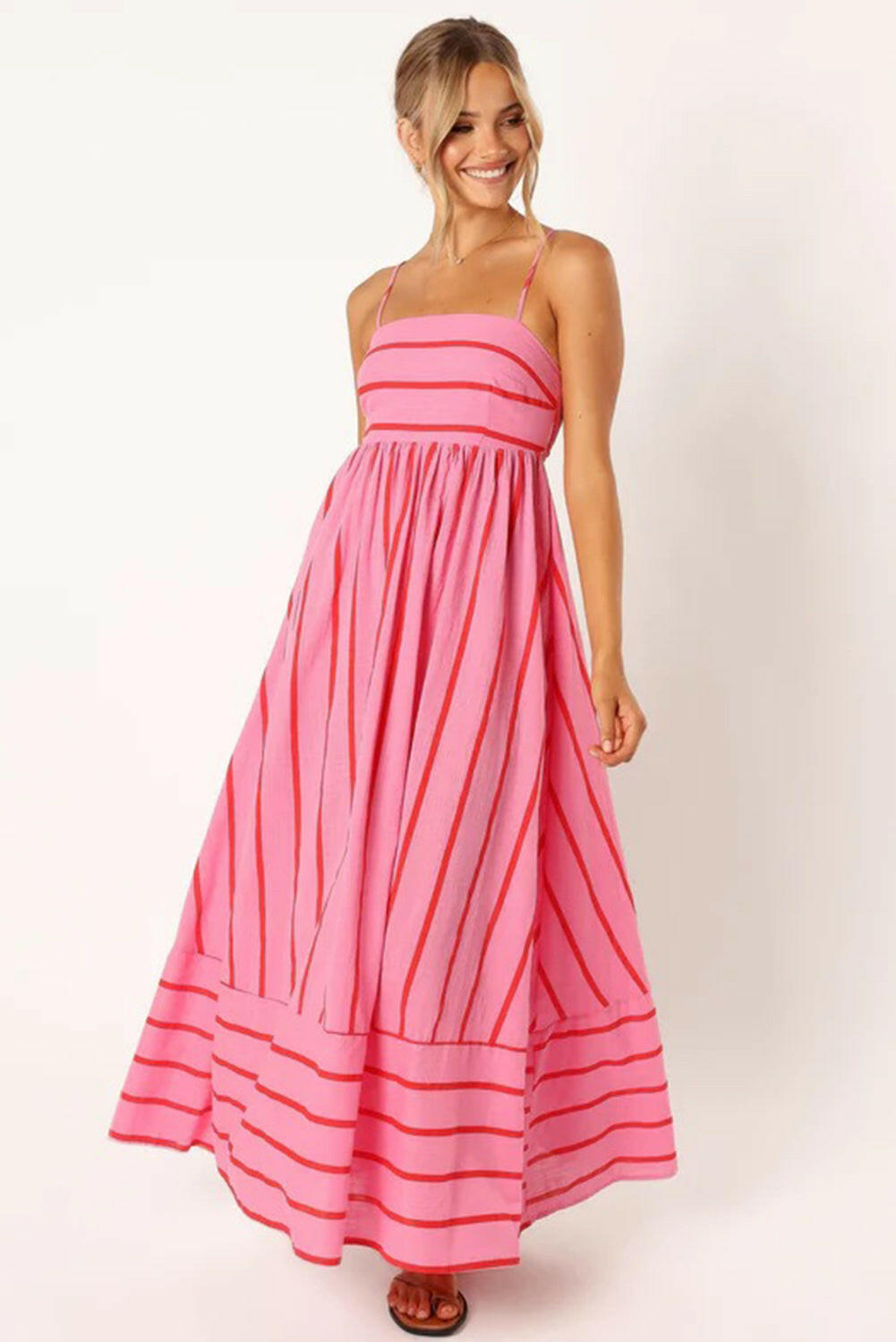 Pink Striped Spaghetti Strap Halter Backless Hem Maxi Dress.