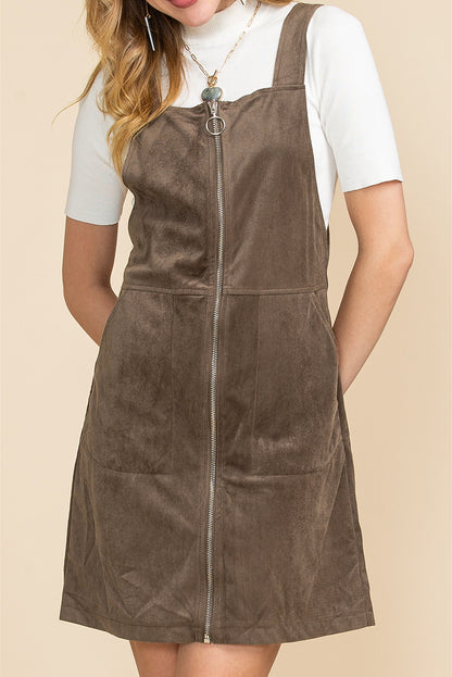 Brown Pockets Zip Up Ribbed Overall Dress